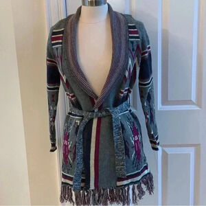 I LOVE H81 Forever 21 Cardigan Sweater Fringe Tribal Print Gray Purple Small